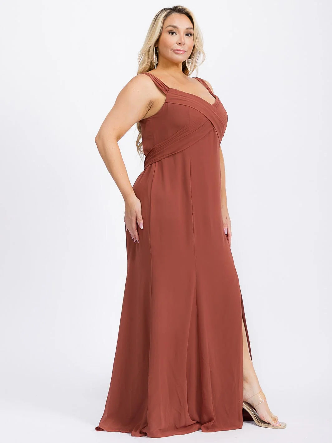 Plus Size Front Slit Self Tie Maxi Gown Dress