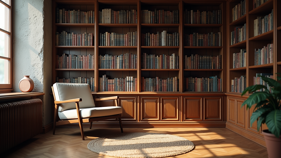 Eye-level view of a wooden bookshelf filled with books and a reading chair nearby
