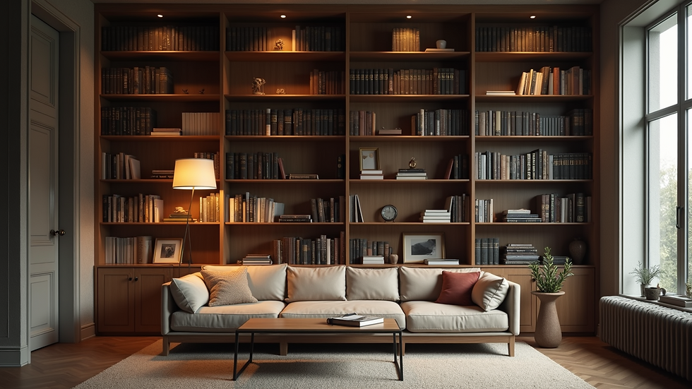 Close-up of a modern library corner with built-in shelves and a reading lamp