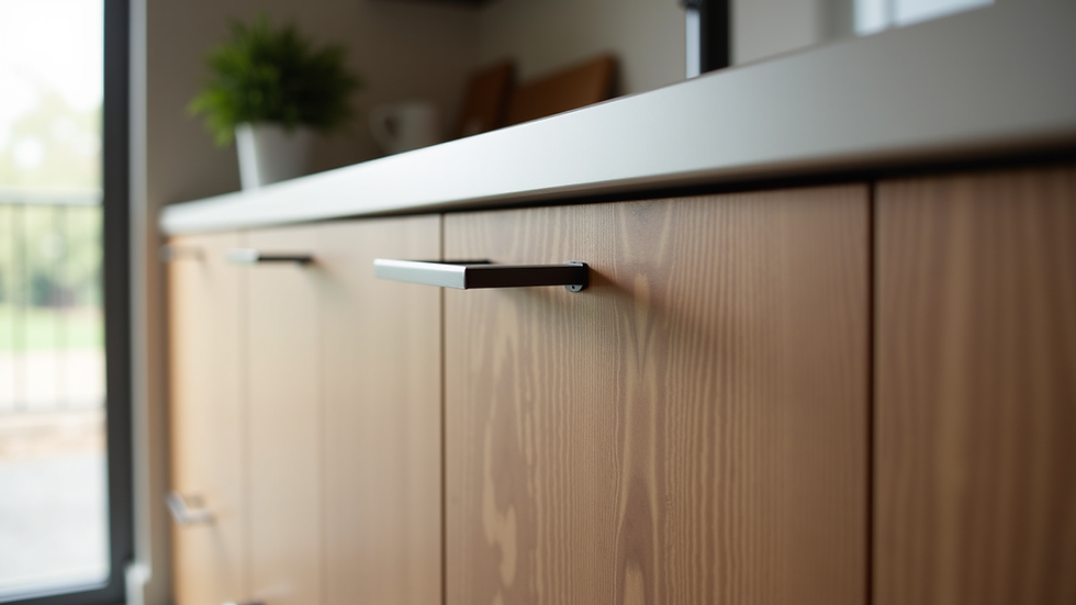 Eye-level view of custom wooden kitchen cabinetry with sleek handles