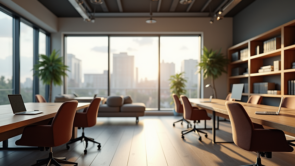 Eye-level view of a modern office with custom wooden desks and shelving