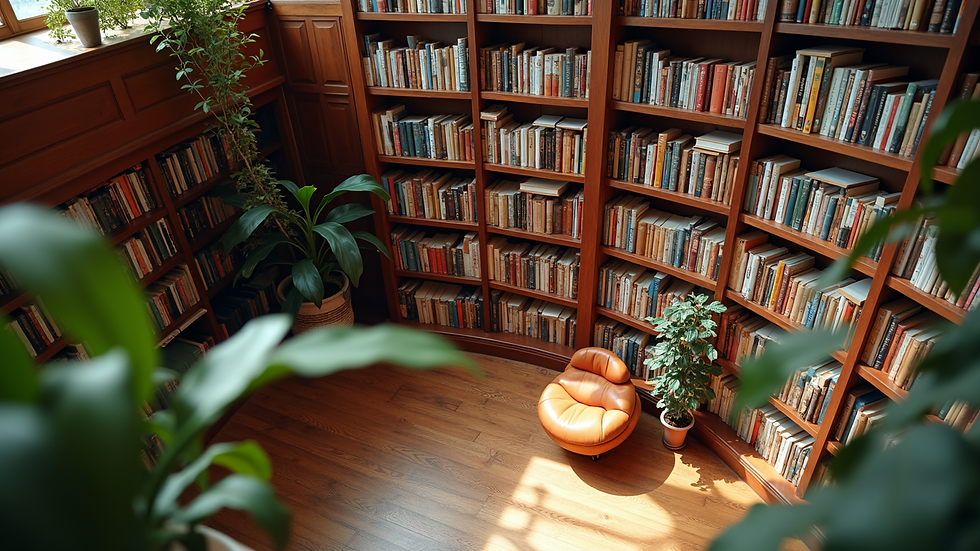 High angle view of a library with colourful books and decorative plants