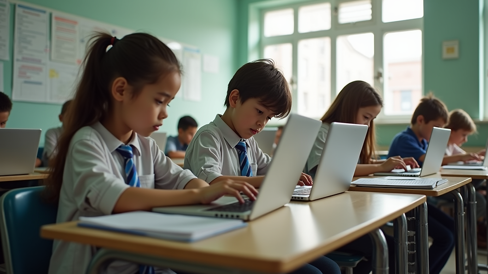 Eye-level view of a classroom with children working on laptops