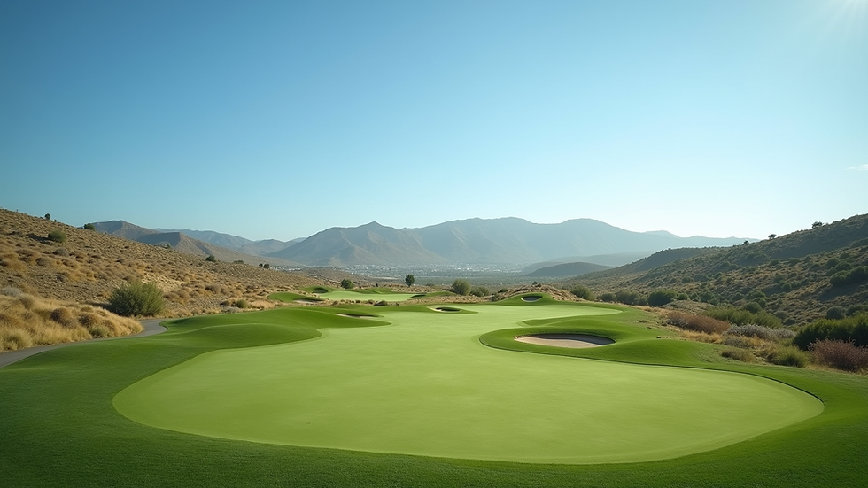 Wide angle view of a luxury golf course with rolling hills and a clear blue sky