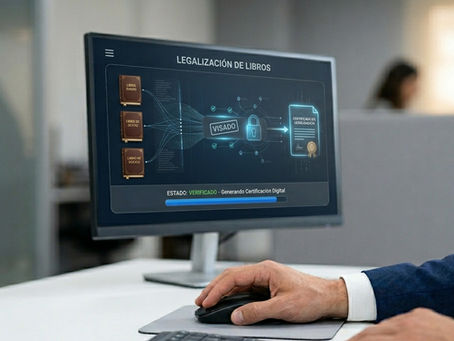 Manos de un asesor en un ordenador finalizando la legalización telemática de Libros Contables.