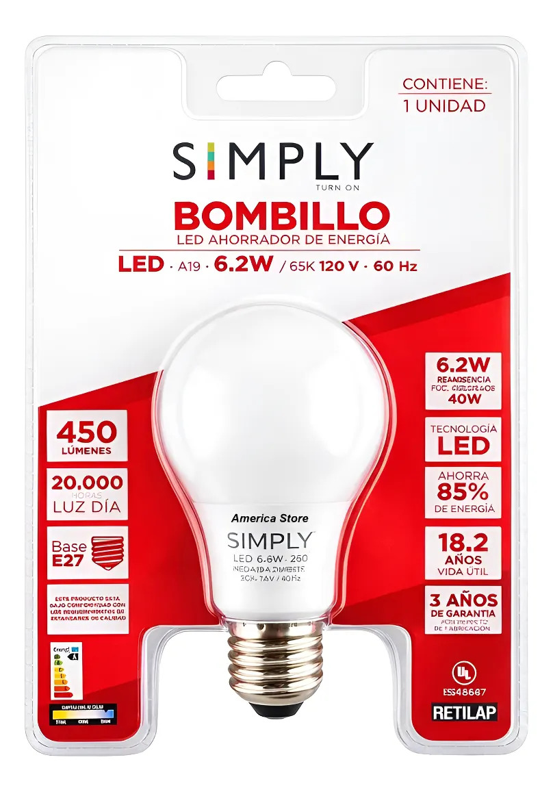 Bombillo LED Ahorrador Simply 6.2W Luz Día E27 450lm