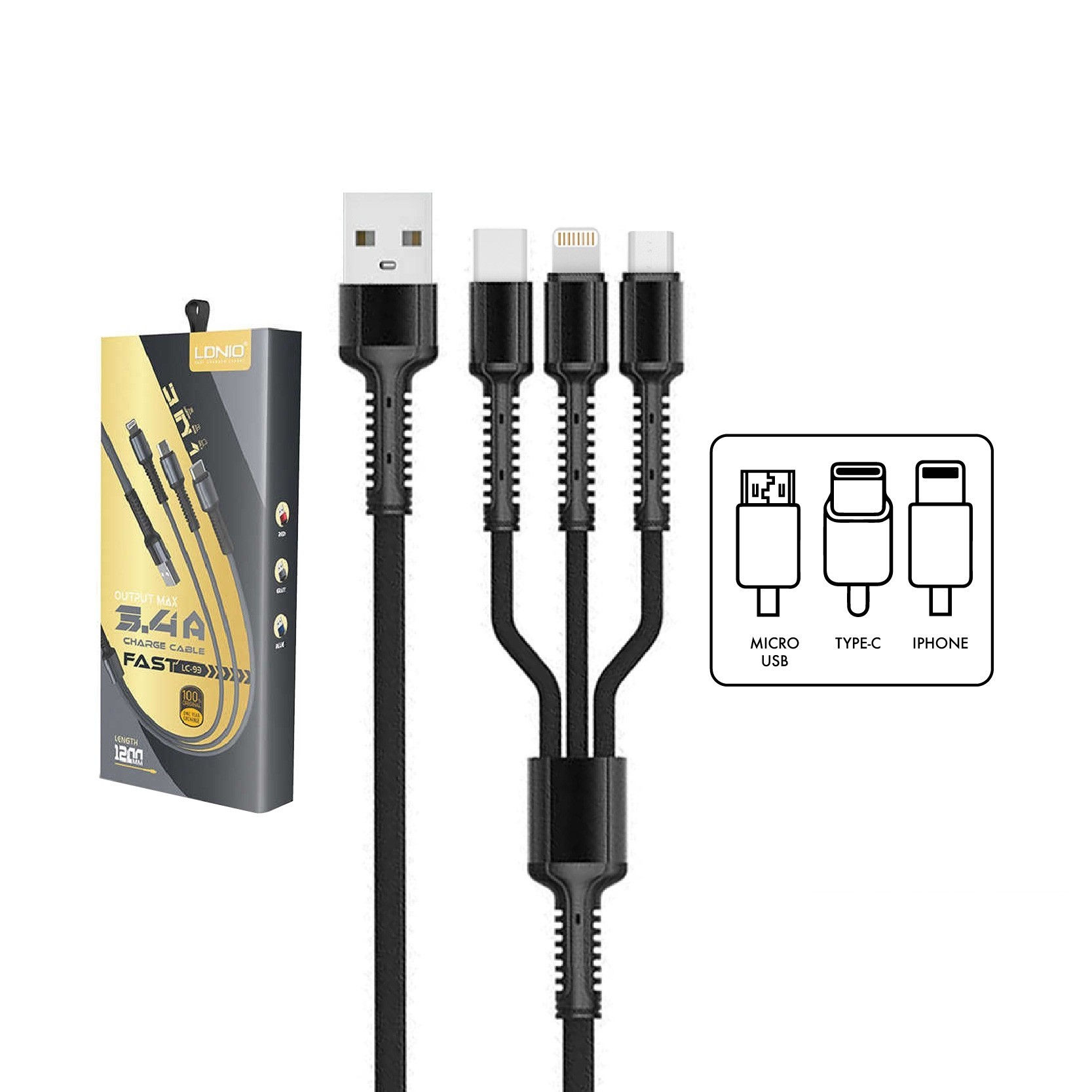 Cable Premium Pulpo 3 En 1 Carga Rápida 3.4a 1.2 Metro