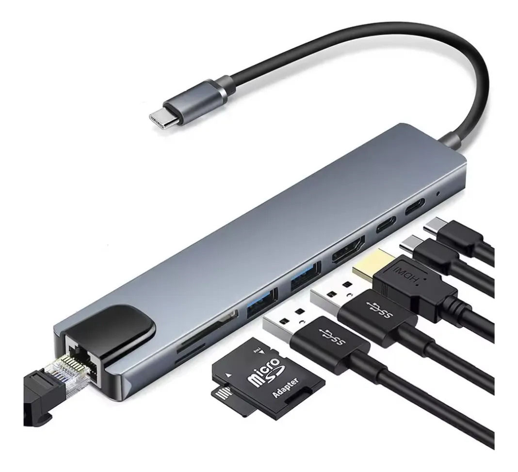 Adaptador Multipuerto Tipo C 8 En 1 Usb C Hdmi Lan Usb Sd/tf