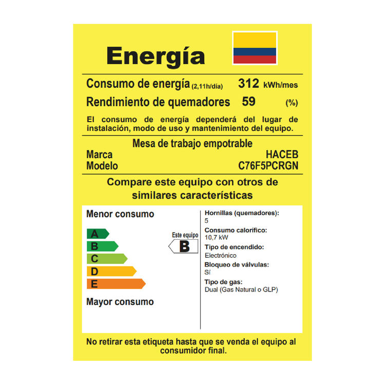 Miniatura: Estufa De Empotrar Cristal 76 Cm Gas Natural Haceb