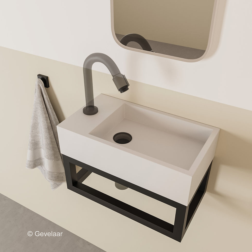 Thumbnail: Wiesbaden Nick toilet fontein 40x22 keramiek glans wit links frame mat zwart