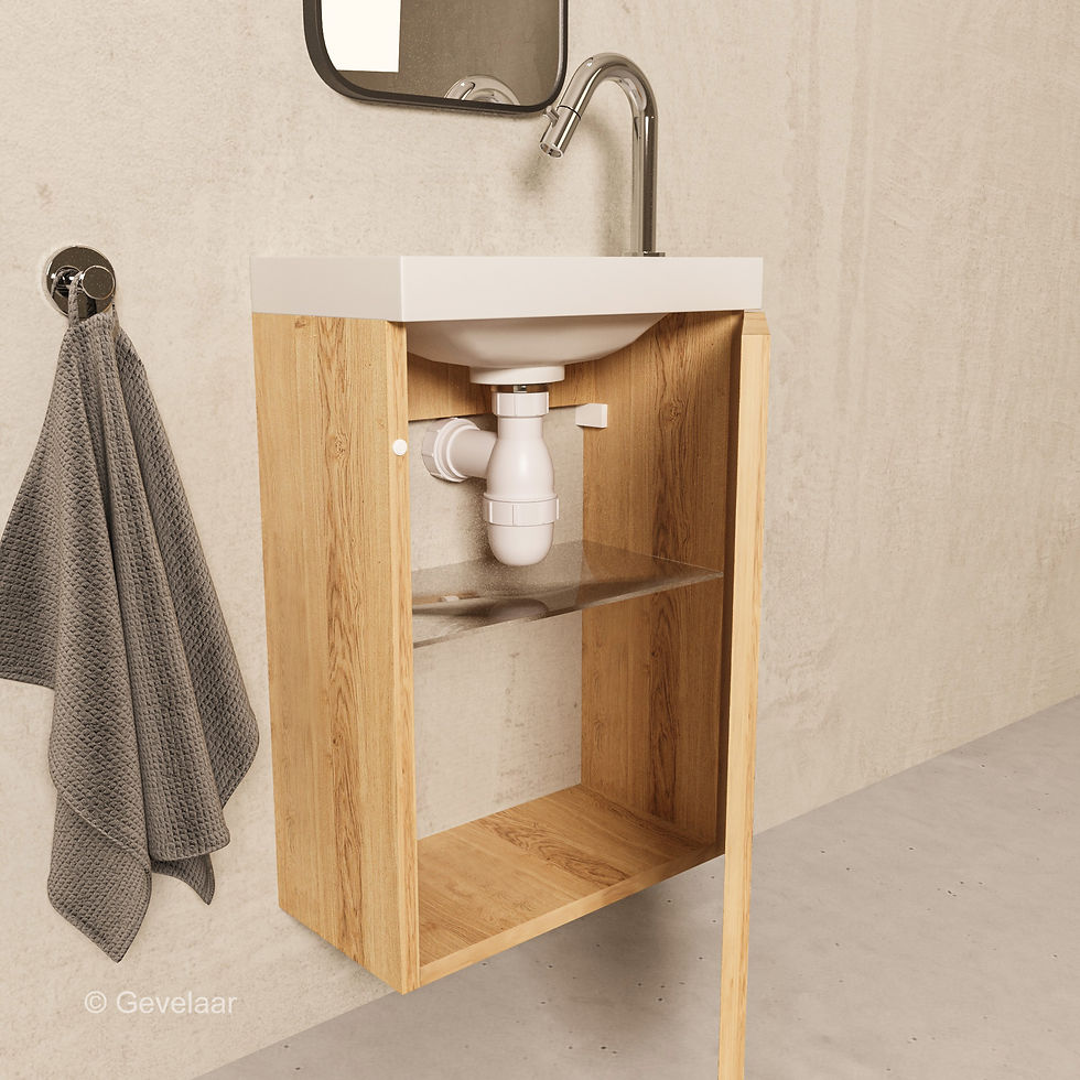 Thumbnail: Arcqua fonteinset kastje natural oak wasbak mat wit kraanset chroom