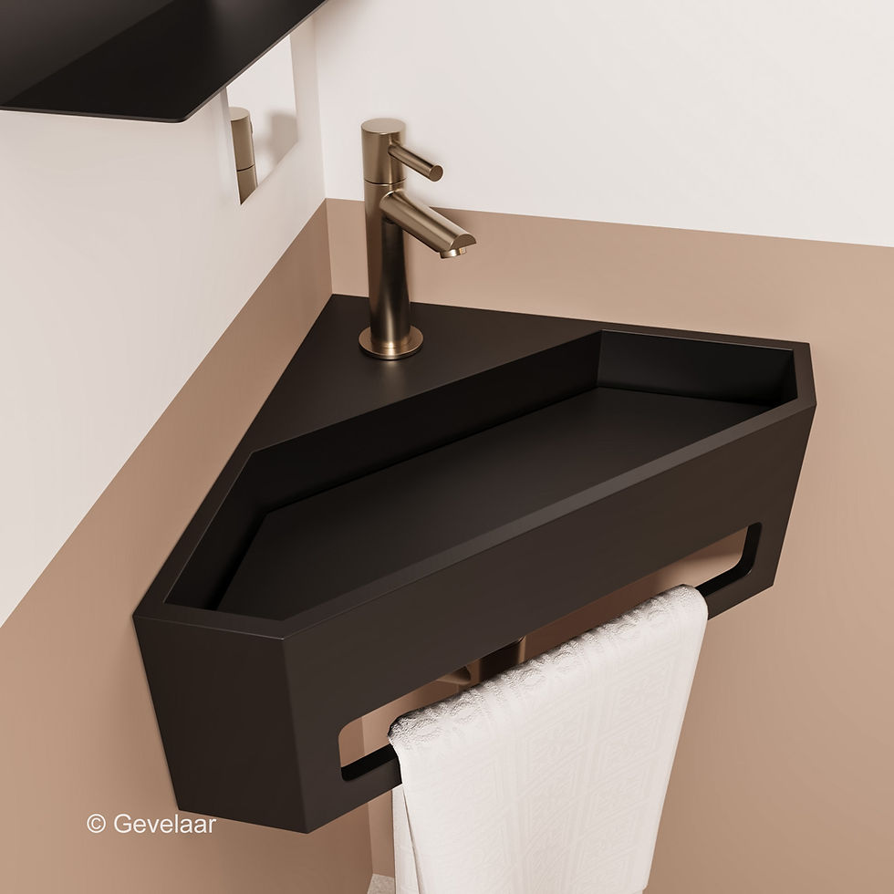 Thumbnail: Tanaro Nyra hoekfonteinset solid surface mat zwart - kraanset R rvs