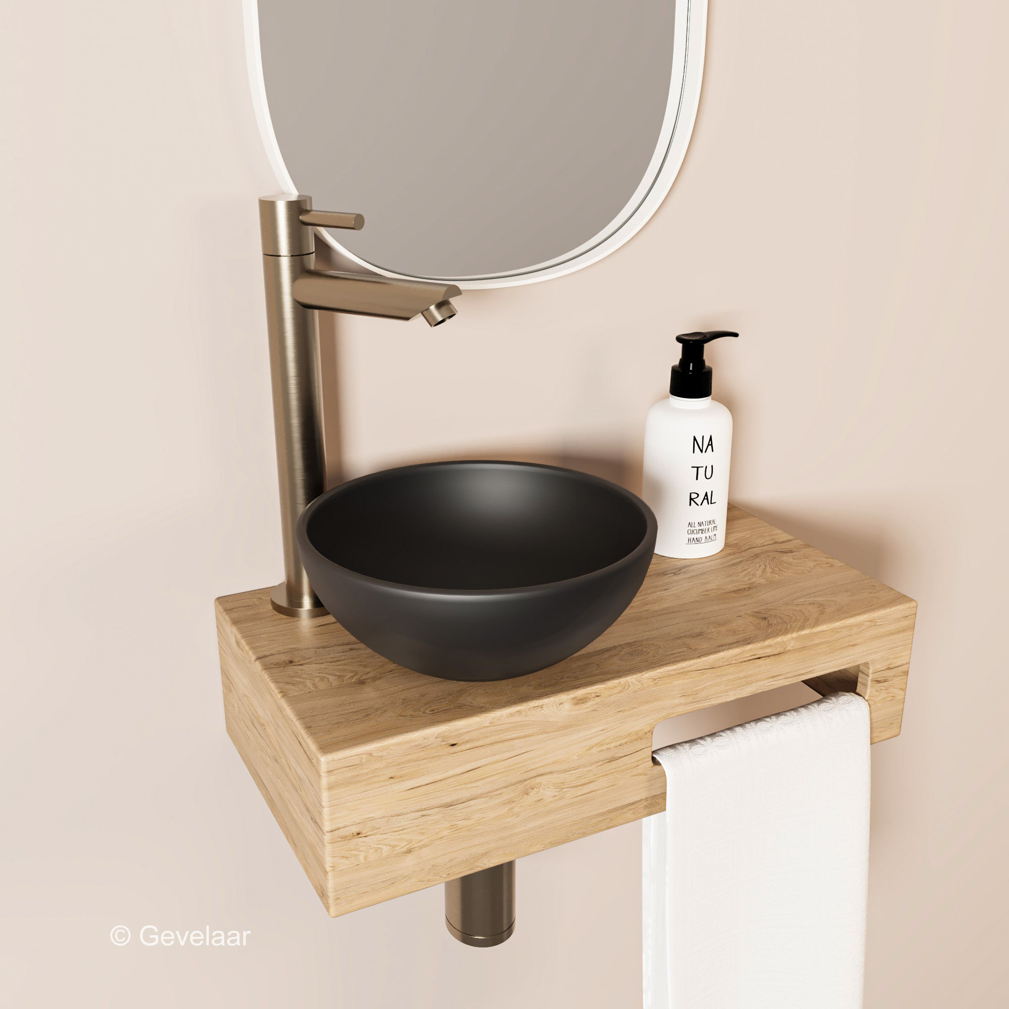 Tanaro Oasis fonteinset houten Planchet kraan RVS Waskom mat zwart - links