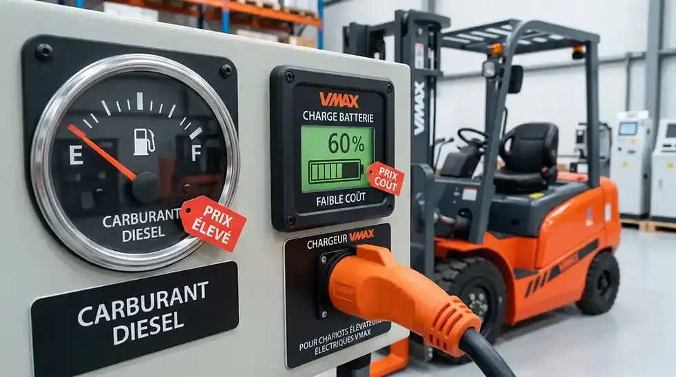 Comparaison coût énergie chariot élévateur VMAX : carburant diesel prix élevé vs charge batterie électrique faible coût