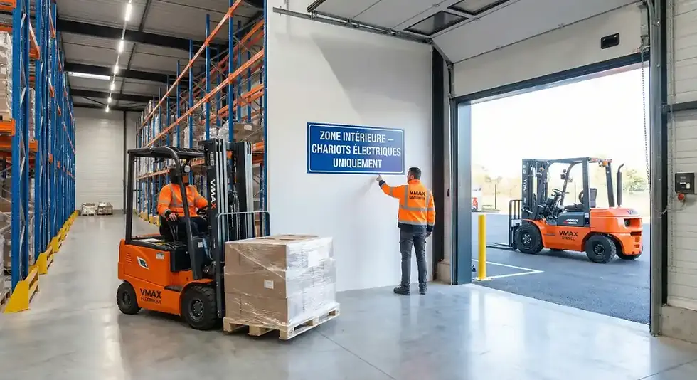 Agent de sécurité VMAX pointant le panneau réglementaire "Zone Intérieure — Chariots Électriques Uniquement" — chariot VMAX électrique en usage intérieur, diesel maintenu à l'extérieur du bâtiment — conformité INRS Code du Travail