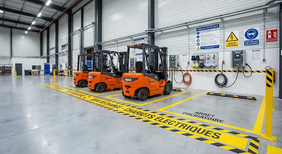 Zone de charge organisée pour chariots élévateurs électriques VMAX avec chargeurs triphasés, marquage au sol et signalétique de sécurité — bonnes pratiques infrastructure