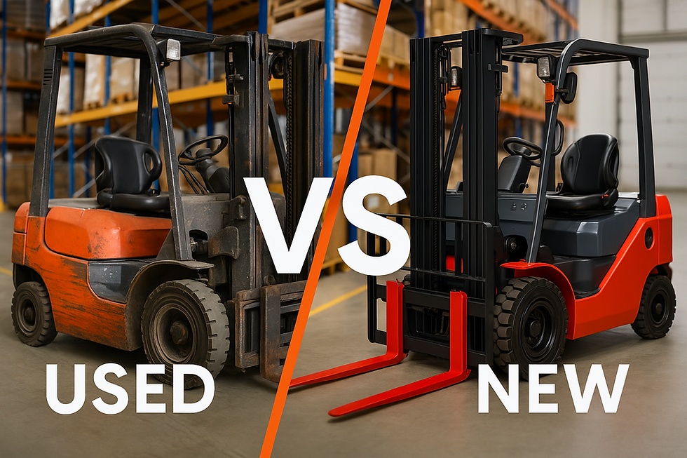 Photo comparative entre un chariot élévateur neuf VMAX et un modèle d’occasion, illustrant les différences de robustesse, propreté et ergonomie en conditions réelles.