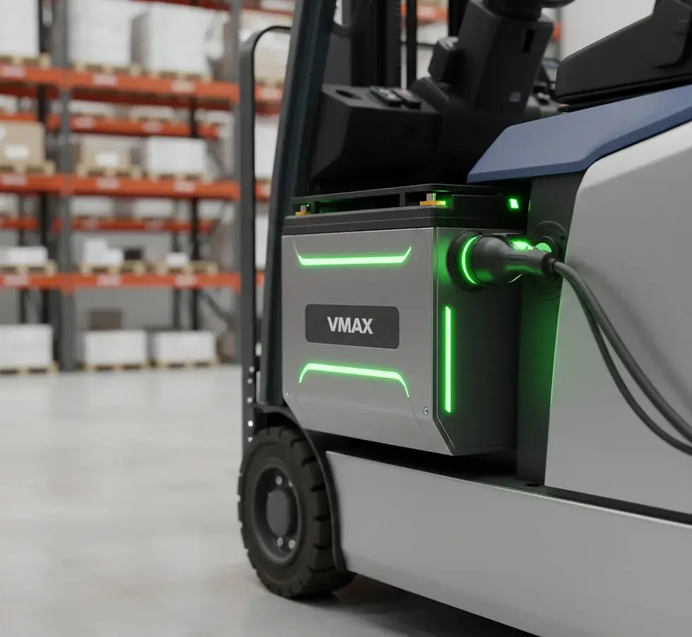 Batterie lithium-ion VMAX pour chariot élévateur, connexion de charge rapide type biberonnage.