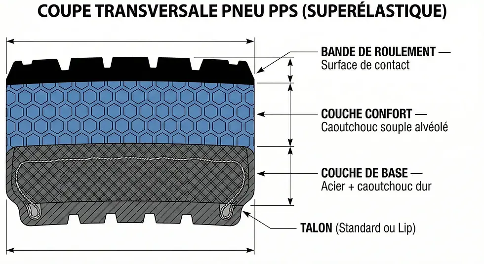 Schéma technique en coupe d'un pneu plein souple (PPS) 3 couches pour chariot élévateur montrant la couche de base en acier et caoutchouc dur, la couche confort alvéolée et la bande de roulement