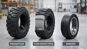 Comparatif visuel des trois types de pneus pour chariot élévateur : pneumatique gonflable avec sculptures profondes, pneu plein souple superélastique avec coupe montrant les 3 couches, et bandage fretté compact
