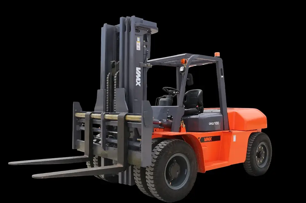 Miniature : Chariot élévateur diesel 10 t VMAX CPCD100 – fourches renforcées et mât robuste en vue 3/4 avant droite