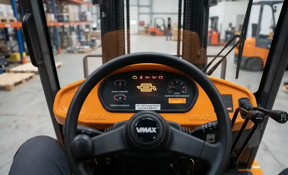 Voyant FAP orange allumé sur le tableau de bord d'un chariot élévateur diesel VMAX Stage V — signal d'encrassement filtre à particules