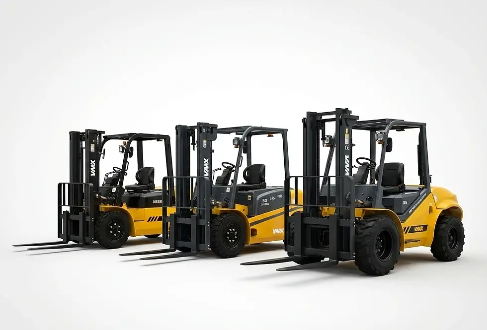 Gamme de chariots élévateurs diesel VMAX de différentes capacités alignés sur fond blanc.