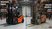Comparatif visuel côte à côte entre un chariot élévateur VMAX neuf orange en parfait état et un chariot d'occasion ancien présentant des signes d'usure en entrepôt
