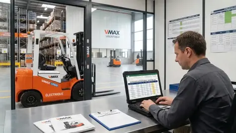 responsable de parc préparant un plan de maintenance chariot élévateur VMAX dans un entrepôt