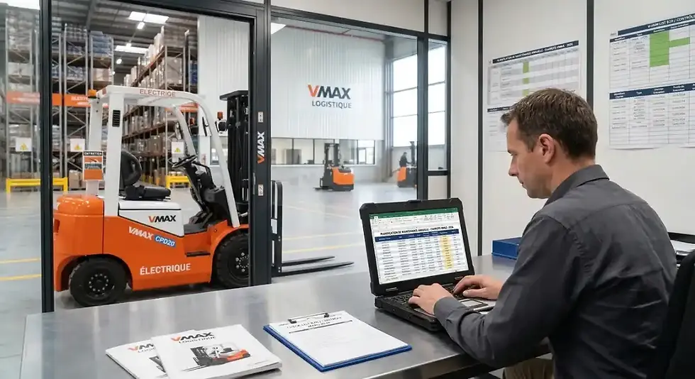 responsable de parc préparant un plan de maintenance chariot élévateur VMAX dans un entrepôt