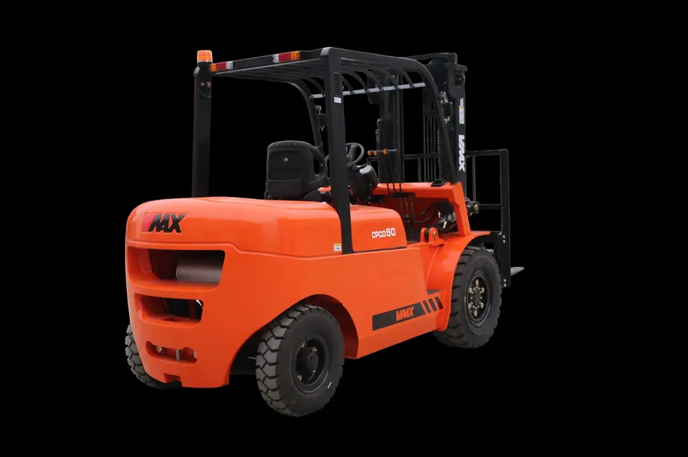 Miniature : Chariot élévateur diesel 5 t VMAX CPCD50 – vue arrière avec arceau et contrepoids