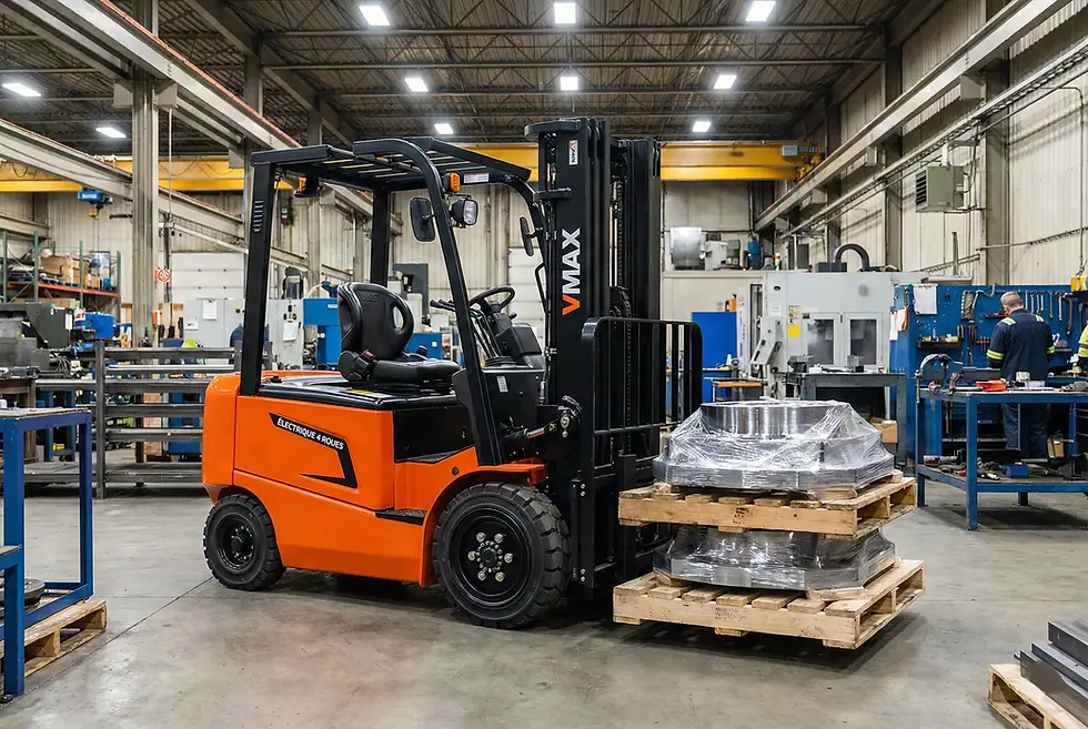 Chariot élévateur VMAX 4 roues transportant une charge lourde sur palette dans un environnement industriel