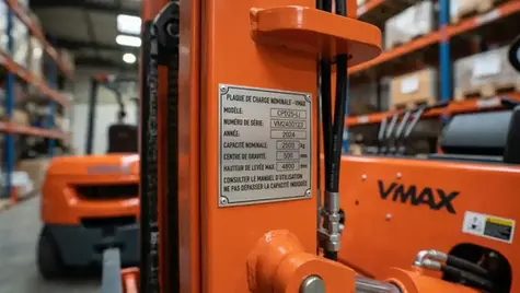 Plaque de charge chariot élévateur VMAX fixée sur le mât — capacité nominale, centre de charge et hauteur de levée en millimètres