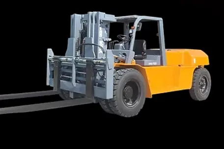 Chariot élévateur VMAX spécial conteneur – mât container à faible hauteur hors tout, TDL/positionneur et fourches longues, fond noir.