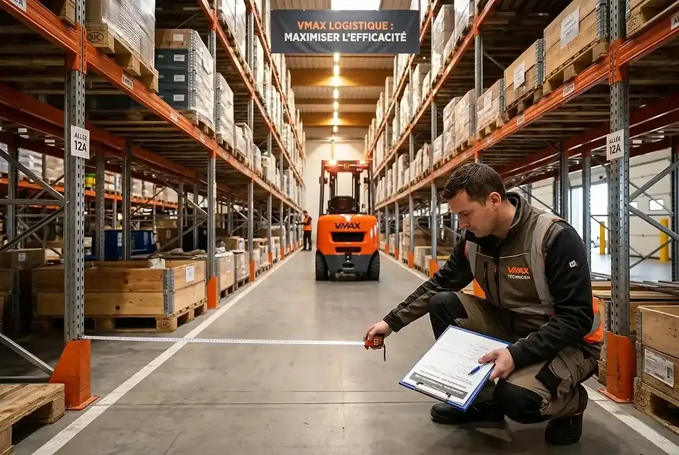 Technicien VMAX mesurant la largeur d'une allée entre racks au sol avec mètre ruban et clipboard — chariot élévateur VMAX orange en fond d'allée entrepôt logistique