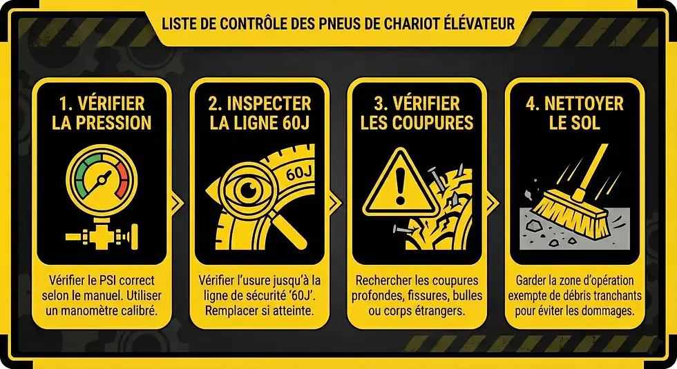 Pour l'Image 7 (L'Infographie), qui est un atout majeur pour la viralité (les gens l'enregistrent souvent sur Pinterest ou l'utilisent dans des présentations), le texte alternatif doit être très descriptif pour capter ces recherches. Voici la meilleure balise Alt pour le SEO : Texte Alternatif (Alt Text) : "Infographie check-list maintenance pneus chariot élévateur : contrôle usure, pression et ligne 60J