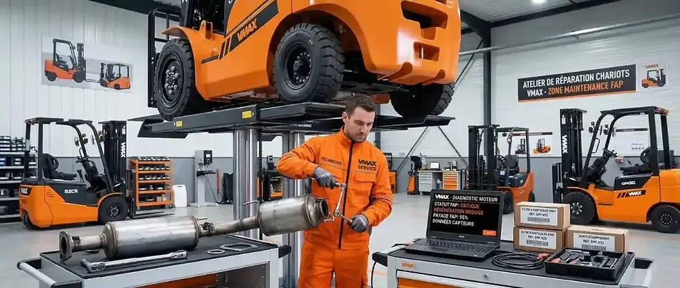 Technicien VMAX en atelier remplaçant le filtre à particules FAP d'un chariot élévateur diesel — intervention maintenance Stage V
