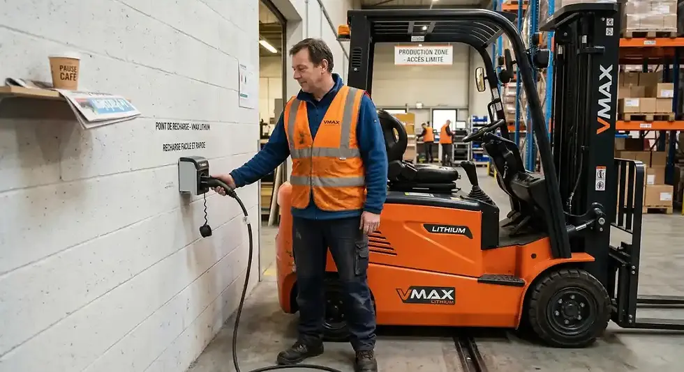 Cariste VMAX branchant son chariot élévateur électrique Lithium sur un point de charge décentralisé pendant une pause — charge d'opportunité