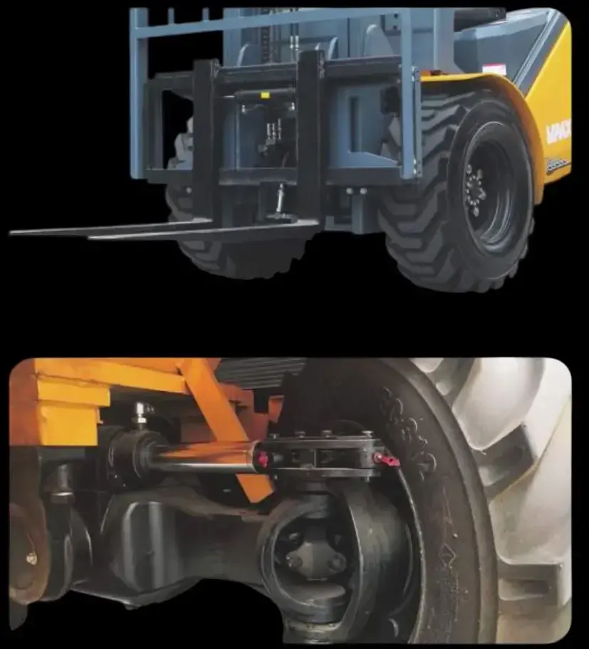 Miniature : Vue technique du tablier porte-fourches (haut) et de l'essieu avant moteur renforcé (bas) équipant le chariot tout-terrain VM