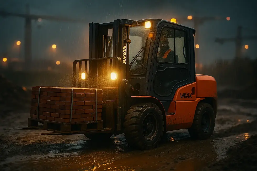 Chariot élévateur tout-terrain VMAX avec cabine fermée opérant sous la pluie sur un chantier boueux.