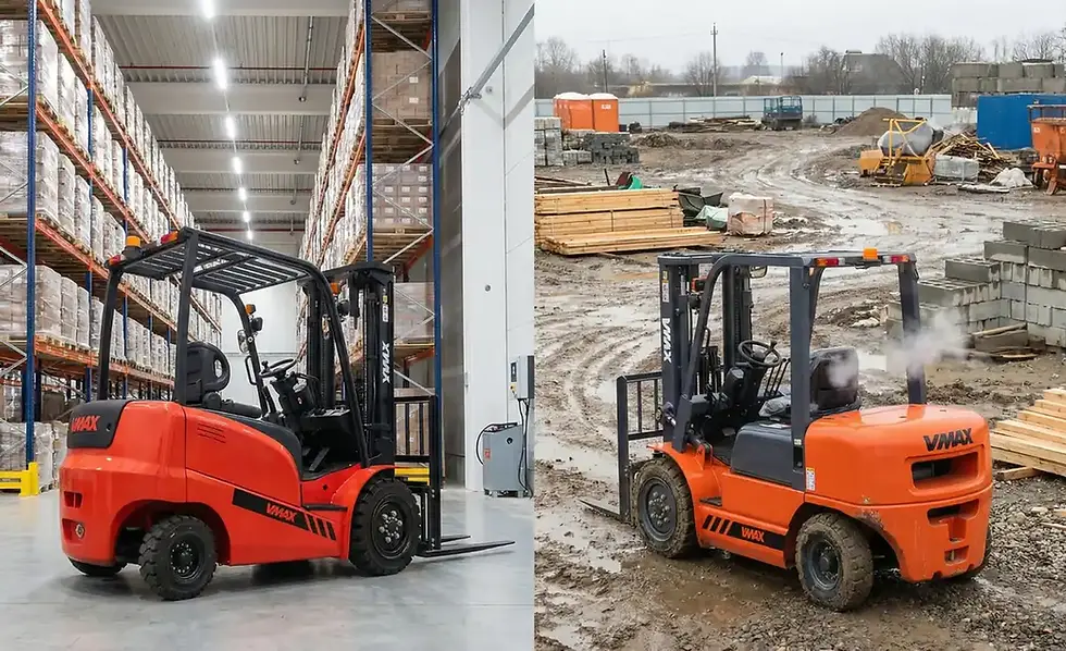Comparatif chariot élévateur électrique vs diesel : duel intérieur propre et extérieur robuste (VMAX).