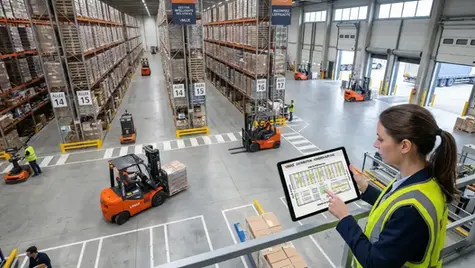 Vue d'ensemble depuis mezzanine d'un entrepôt logistique VMAX en activité — plusieurs chariots élévateurs électriques orange dans les allées numérotées, responsable logistique avec tablette au premier plan