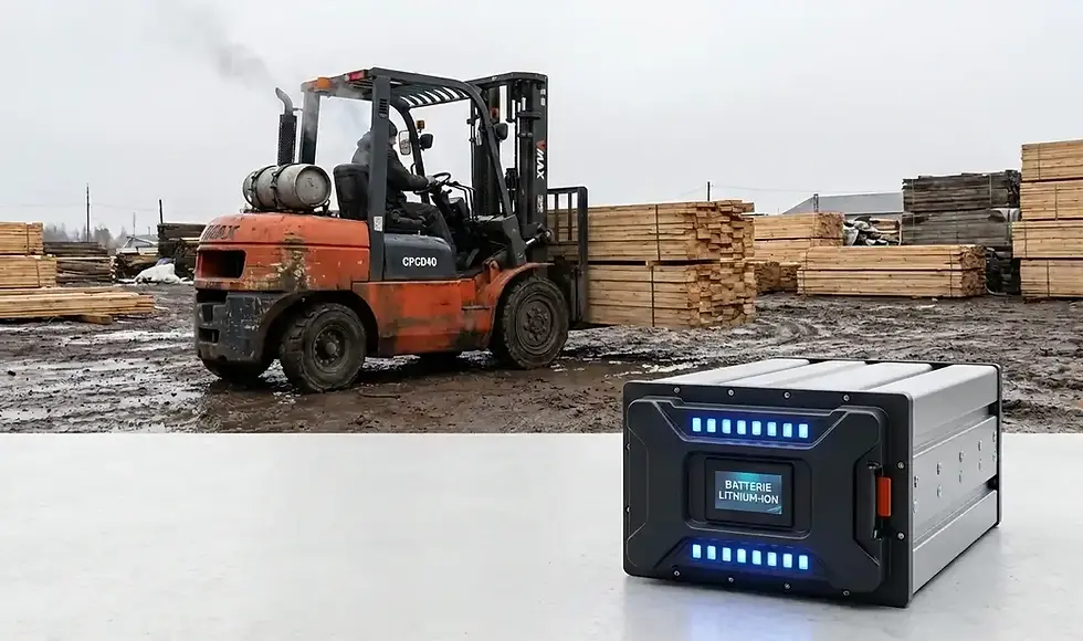 Comparaison entre une batterie lithium-ion moderne au premier plan et un chariot élévateur diesel VMAX travaillant dans la boue, illustrant le choix de l'énergie.