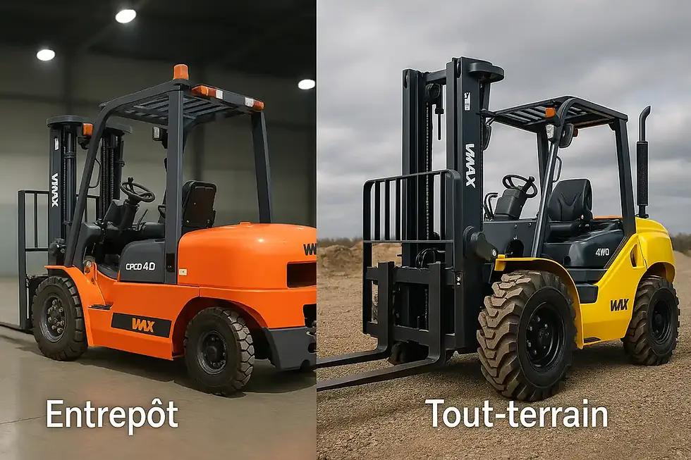 Chariot élévateur standard à côté d’un chariot tout-terrain sur sol irrégulier