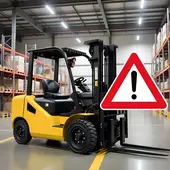 Chariot élévateur jaune avec panneau d’alerte rouge dans un entrepôt, illustrant les risques de sécurité en manutention