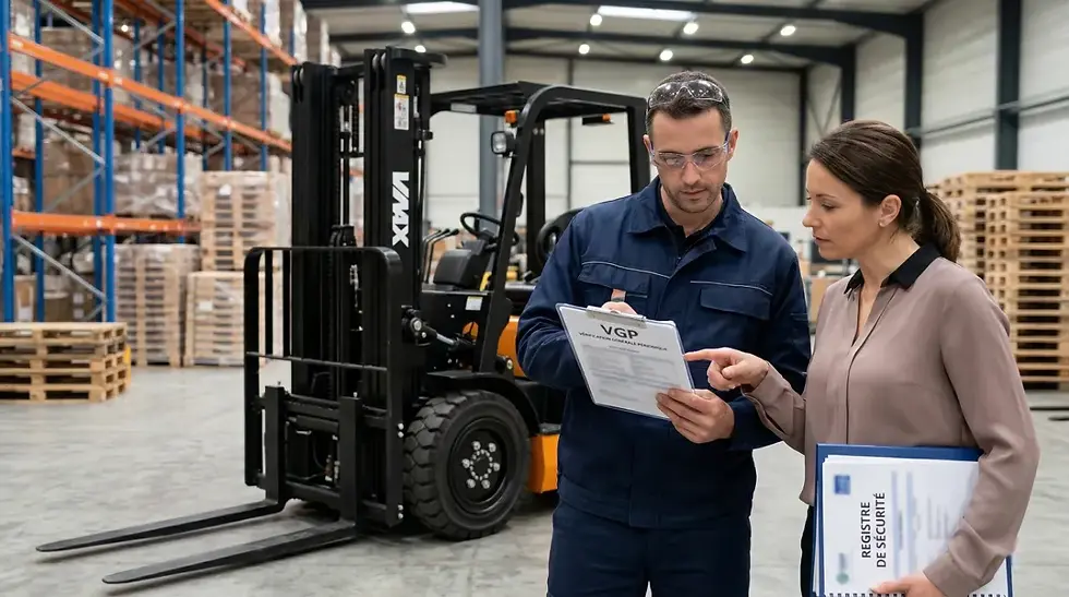 Technicien et responsable sécurité VMAX consultant le rapport de VGP et le registre de sécurité devant un chariot élévateur — vérification générale périodique semestrielle