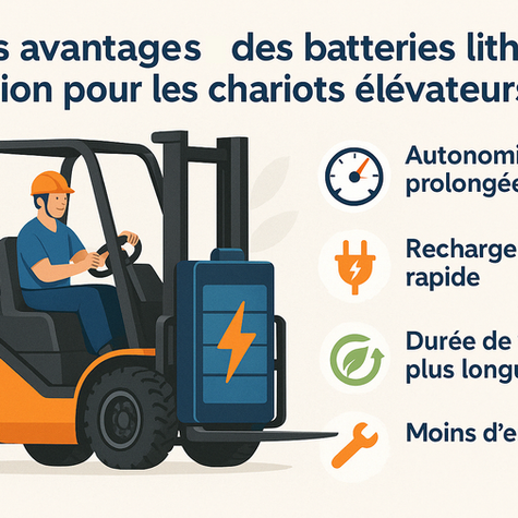 Infographie en français illustrant les avantages des batteries lithium-ion pour chariots élévateurs : autonomie, rapidité de charge et économie d’énergie.