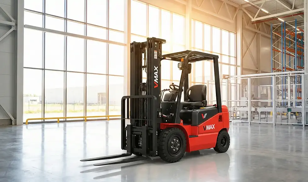 Chariot élévateur électrique VMAX rouge dans un entrepôt logistique moderne - Matériel éligible subvention