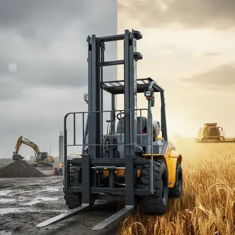 Chariot élévateur tout-terrain entre chantier BTP sous la pluie et champ agricole ensoleillé, comparaison d’usages 2WD et 4WD