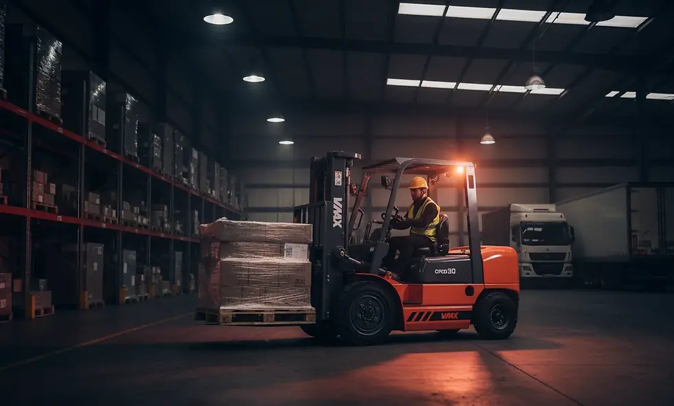 Miniature : Chariot élévateur diesel 3 t manœuvrant une palette en entrepôt